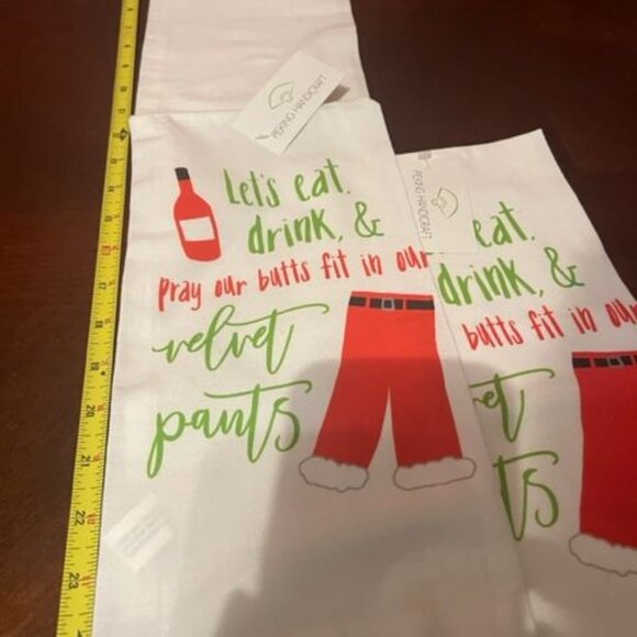 Lets Eat Drink & Pray Our Butts Fit Our Pants Christmas Kitchen Towel set of 2 - Picture 2 of 6